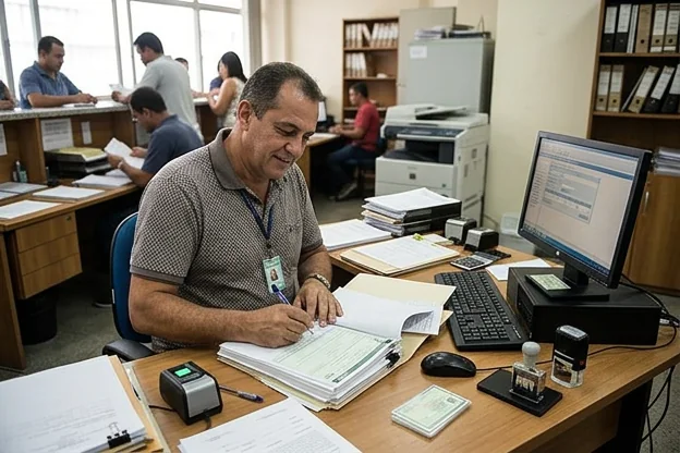 Despachante em Recife auxiliando no licenciamento de veículos com papéis e computador.