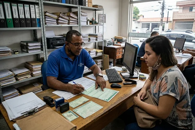 Despachante em Recife explicando o processo de transferência de veículo para cliente.